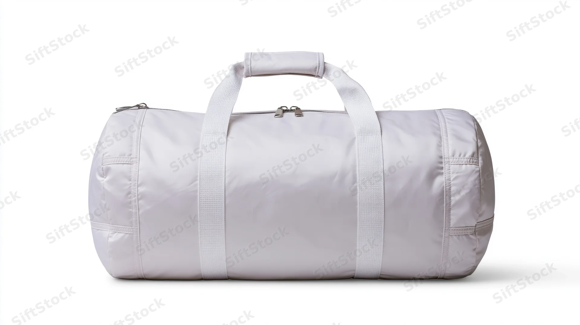 White cylindrical gym duffel bag sitting upright centered on plain white background