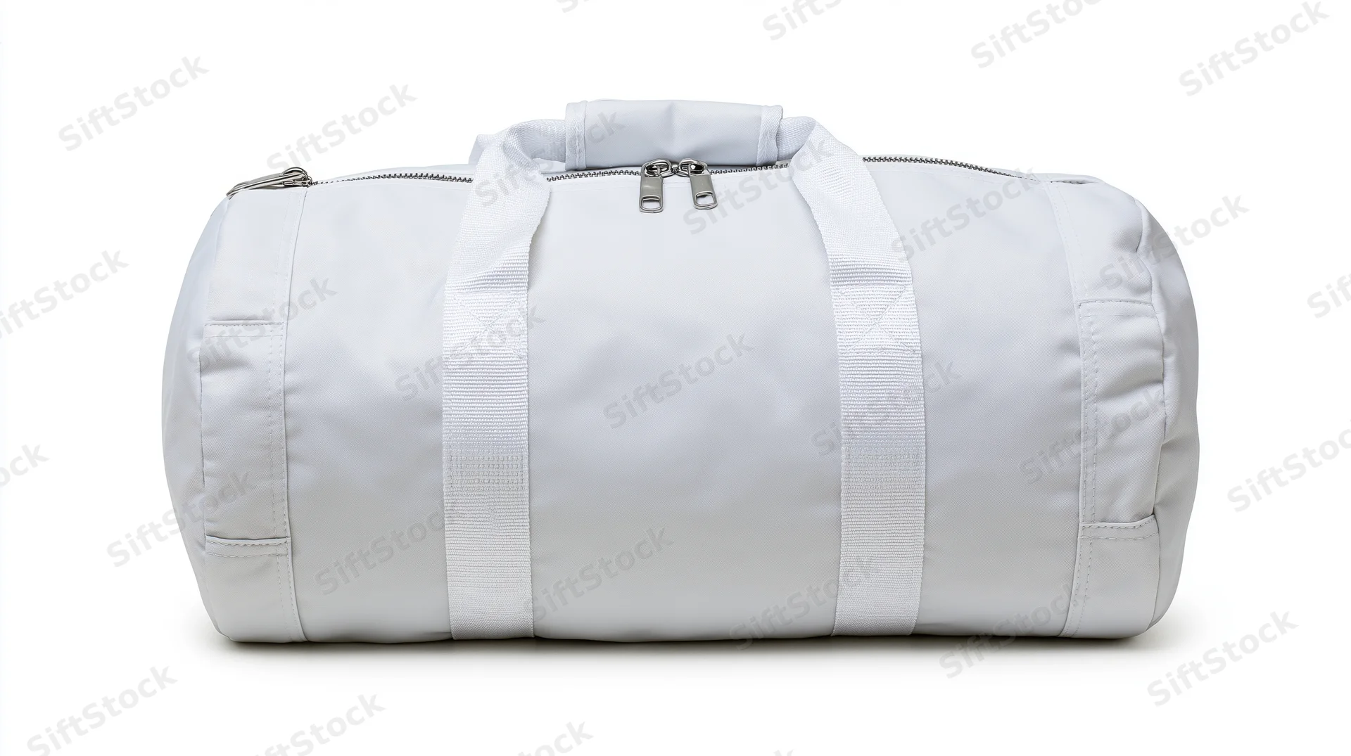 White cylindrical gym duffel bag with dual straps and zipper closure centered on plain white background