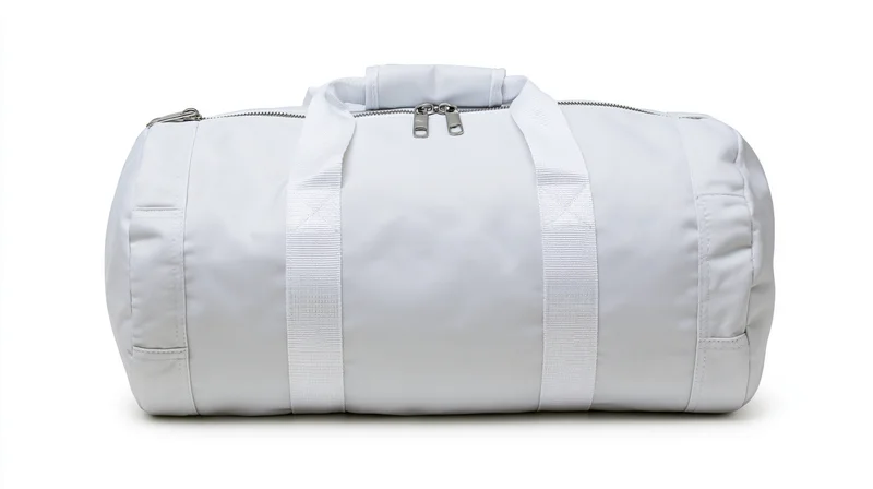 White cylindrical gym duffel bag with dual straps and zipper closure centered on plain white background
