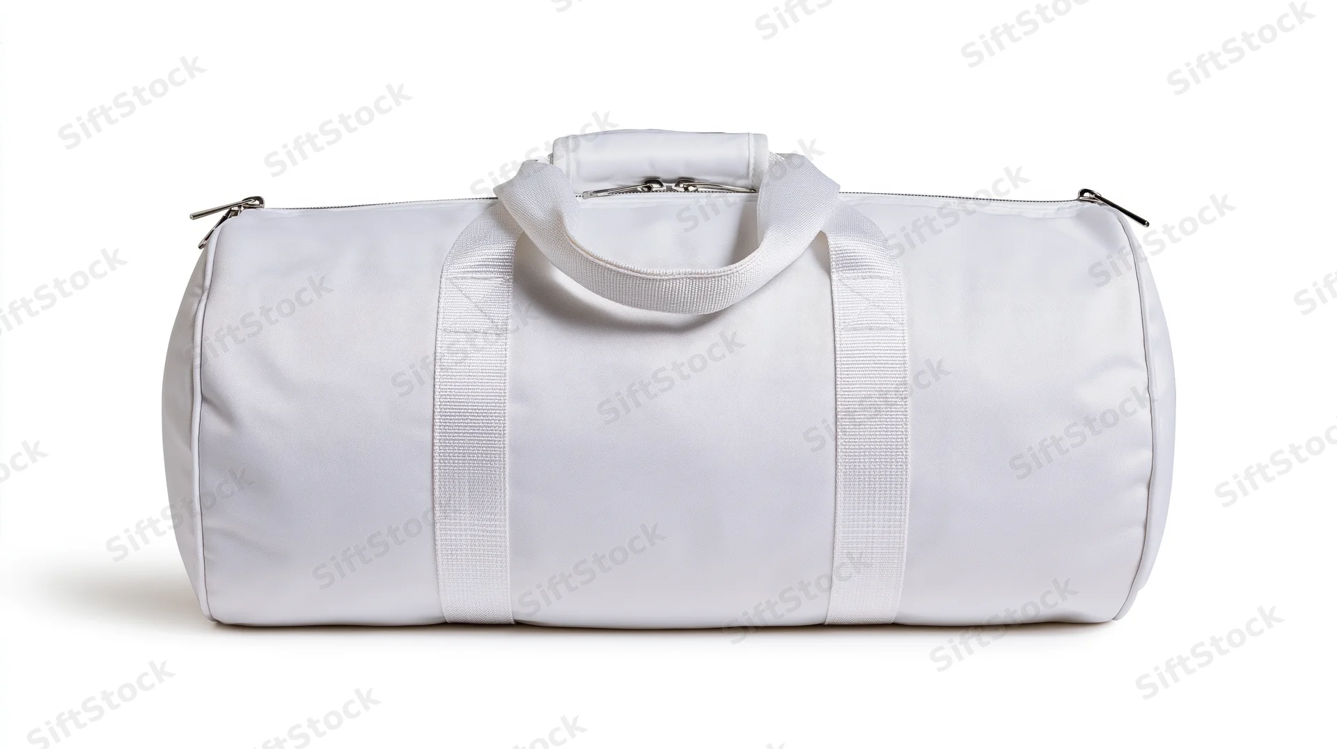 White cylindrical gym duffel bag with top handle and zipper sitting upright centered on white background