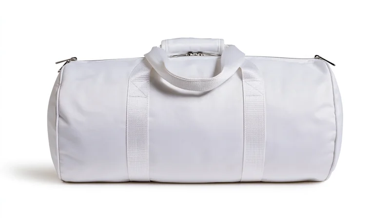 White cylindrical gym duffel bag with top handle and zipper sitting upright centered on white background