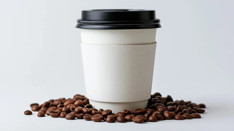 White disposable paper coffee cup with black lid and sleeve surrounded by roasted coffee beans on white surface
