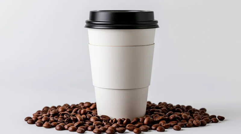 White disposable paper coffee cup with black lid and sleeve surrounded by roasted coffee beans on a plain surface