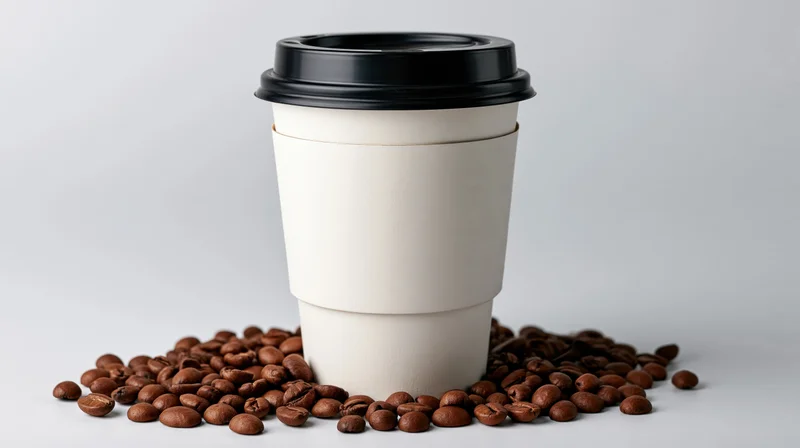 White disposable paper coffee cup with black lid and sleeve surrounded by roasted coffee beans on a plain surface