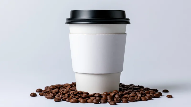 White disposable paper coffee cup with blank sleeve and scattered coffee beans on white surface