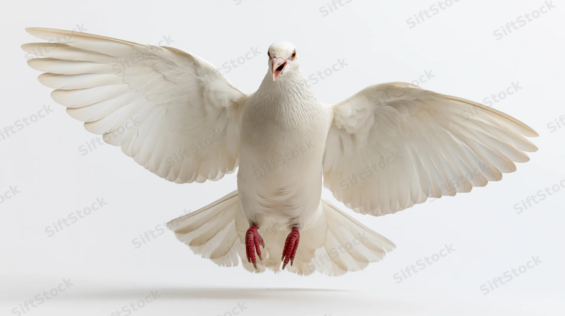White dove in mid-flight with wings fully spread and beak open against white background