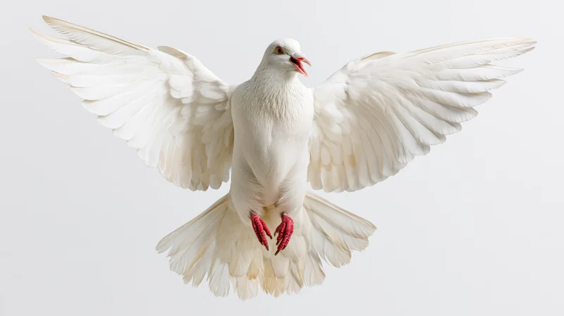 White dove in mid-flight with wings fully spread and beak open against plain background