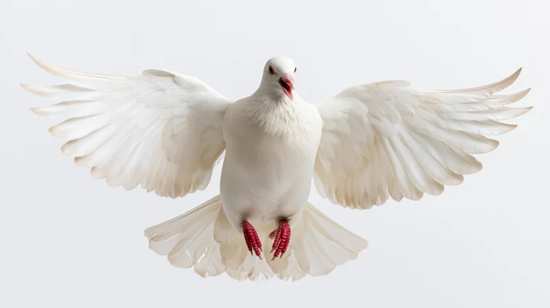White dove in mid-flight with wings fully spread and beak open against plain background