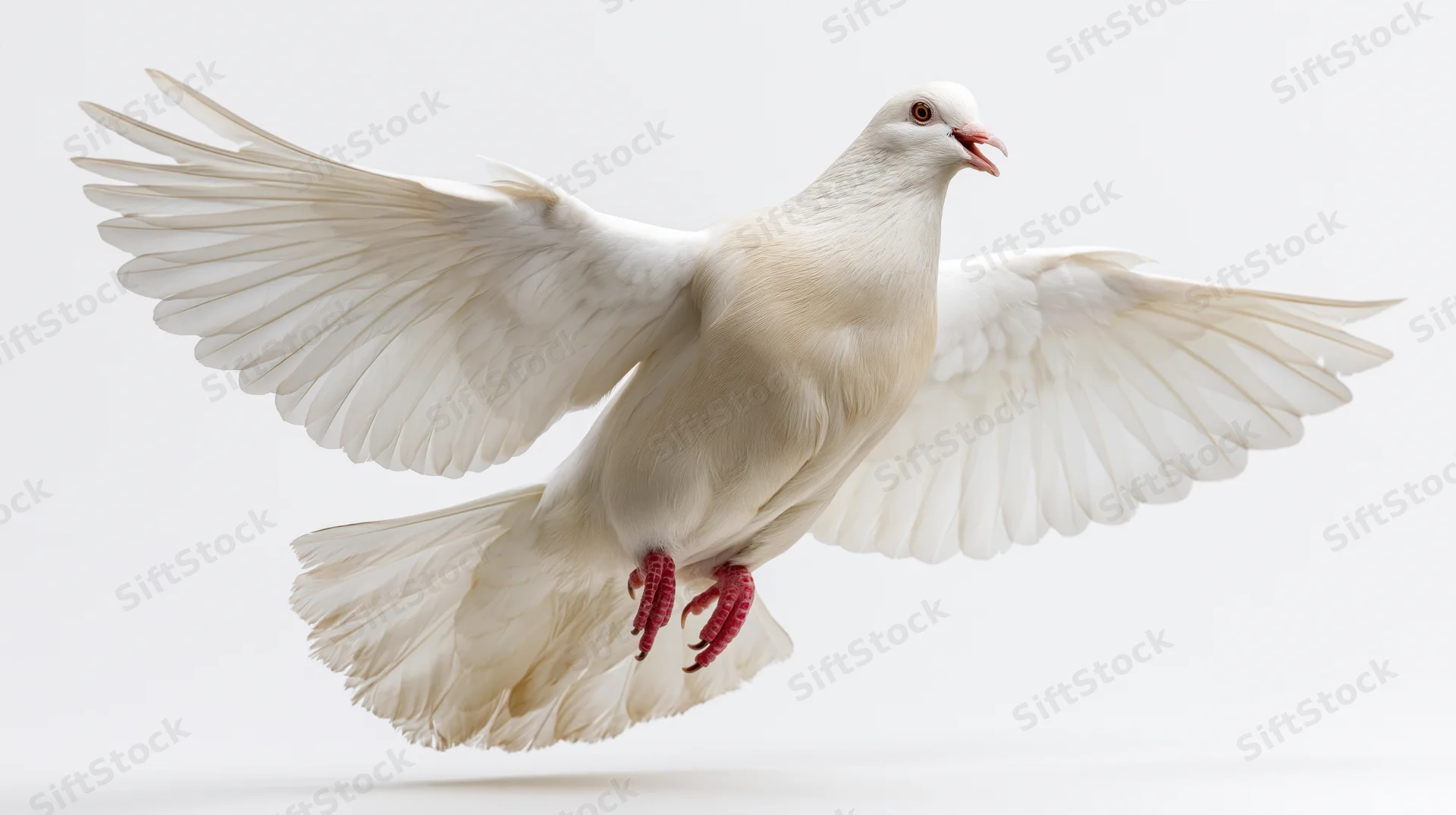 White dove in mid-flight with wings fully spread and beak open against white background