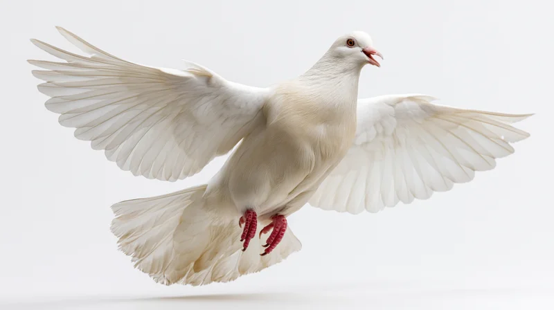 White dove in mid-flight with wings fully spread and beak open against white background