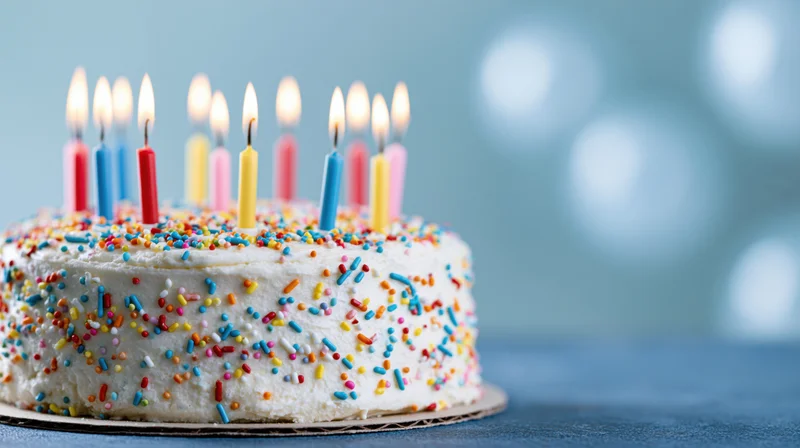 White frosted birthday cake with lit candles and colorful sprinkles on a blue surface