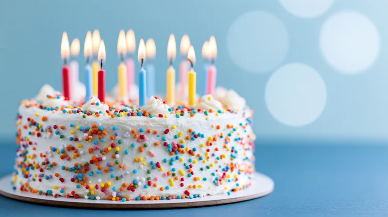 White frosted birthday cake with lit candles and colorful sprinkles on a blue surface