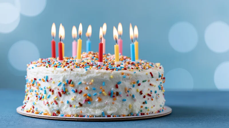 White frosted birthday cake with lit candles and colorful sprinkles on a blue surface