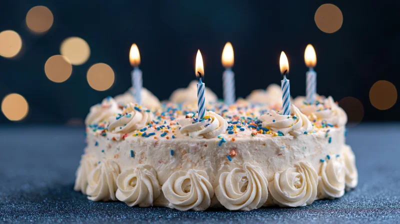 White frosted birthday cake with lit candles and colorful sprinkles on a dark surface