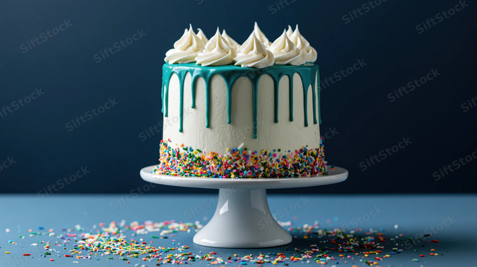White frosted birthday cake with teal drip and sprinkles on a white ceramic pedestal stand