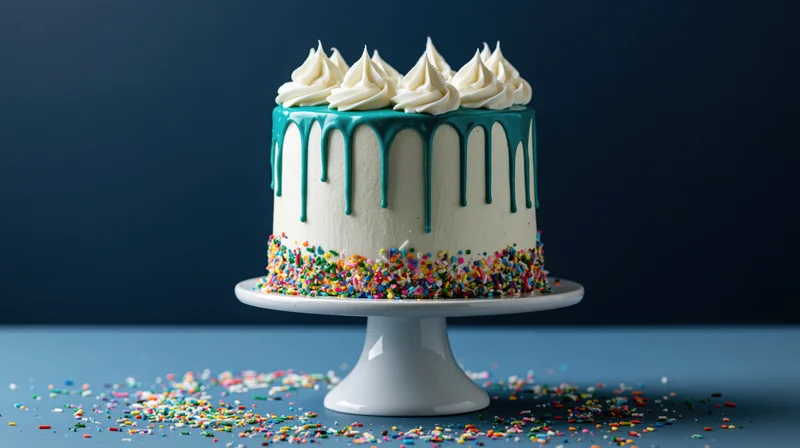 White frosted birthday cake with teal drip and sprinkles on a white ceramic pedestal stand