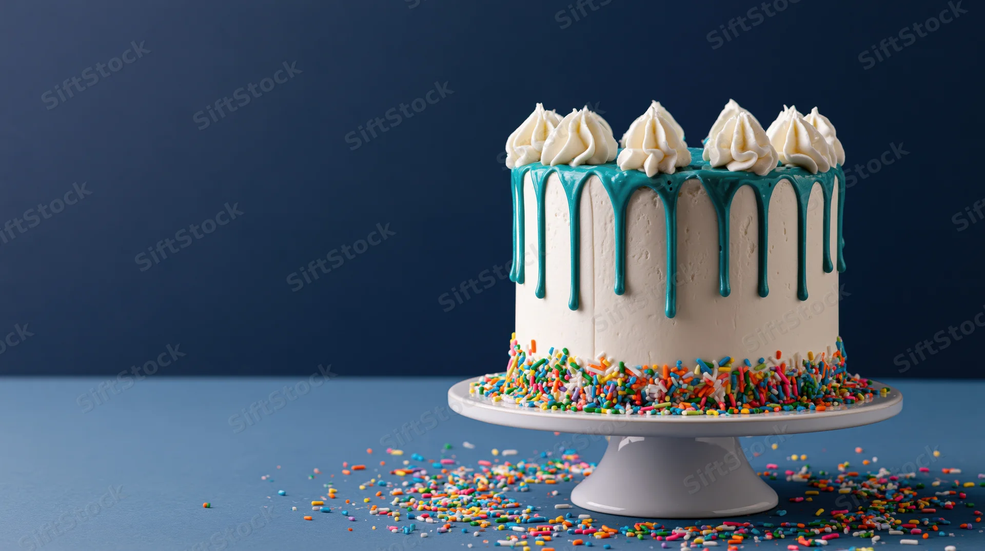 White frosted birthday cake with teal drip icing and colorful sprinkles on a white ceramic pedestal stand against a blue background