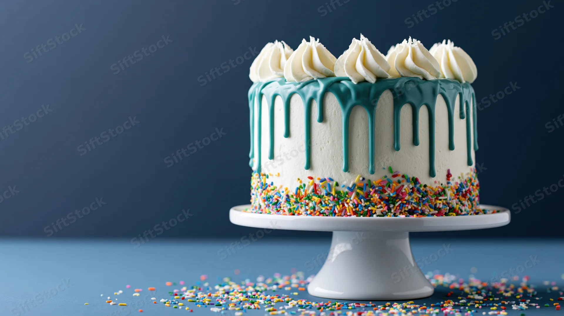 White frosted birthday cake with teal drip icing and colorful sprinkles on a white ceramic pedestal stand
