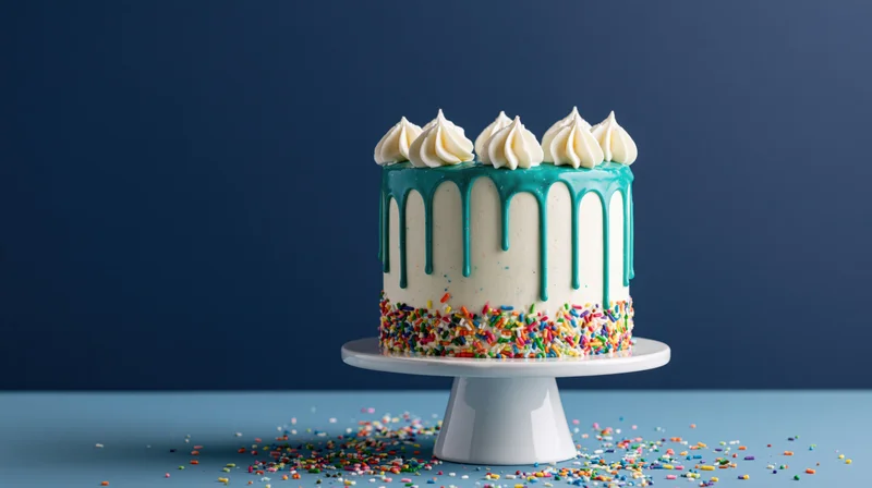White frosted birthday cake with teal drip icing and colorful sprinkles on a white ceramic pedestal stand against a blue background