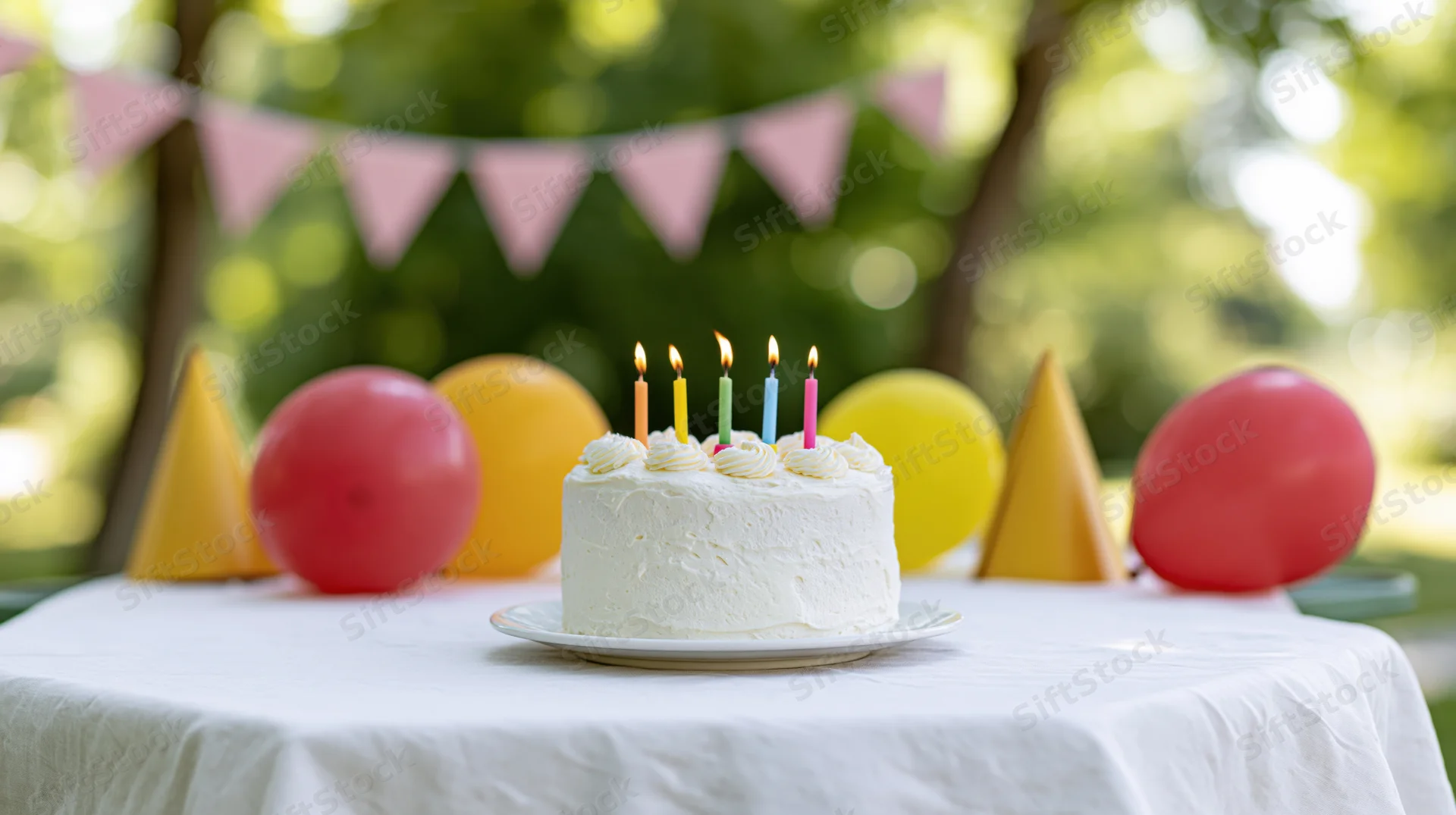 White frosted birthday cake with lit colorful candles on a table outdoors surrounded by balloons and bunting