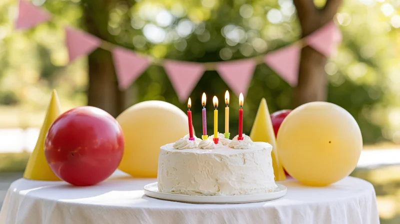 White frosted birthday cake with lit colorful candles on a table outdoors surrounded by balloons and bunting