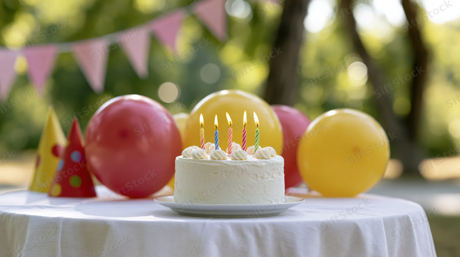 White frosted birthday cake with five lit colorful candles on a table outdoors surrounded by balloons and party decorations
