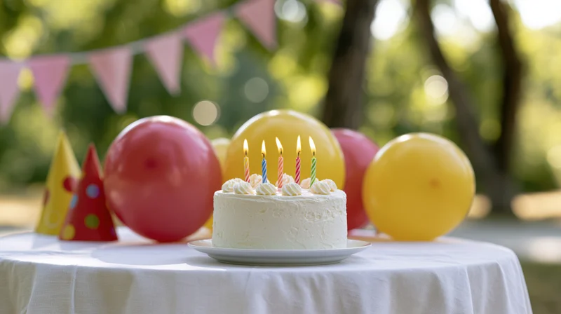 White frosted birthday cake with five lit colorful candles on a table outdoors surrounded by balloons and party decorations