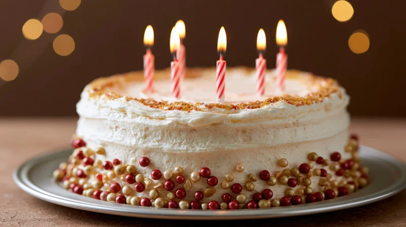 White frosted birthday cake with five lit red and white stripes