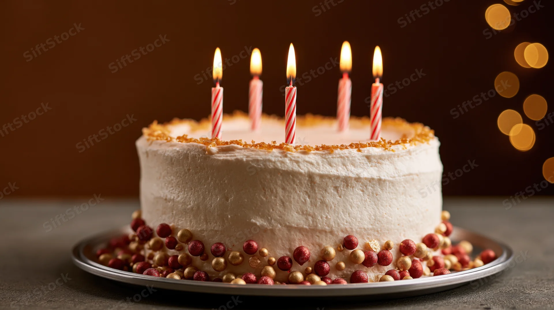 White frosted birthday cake with five lit red and white striped candles on a plate surrounded by red and gold sprinkles against a warm bokeh background