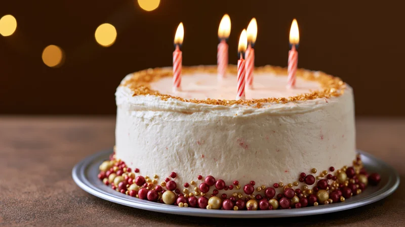 White frosted birthday cake with five lit red and white striped candles on a plate