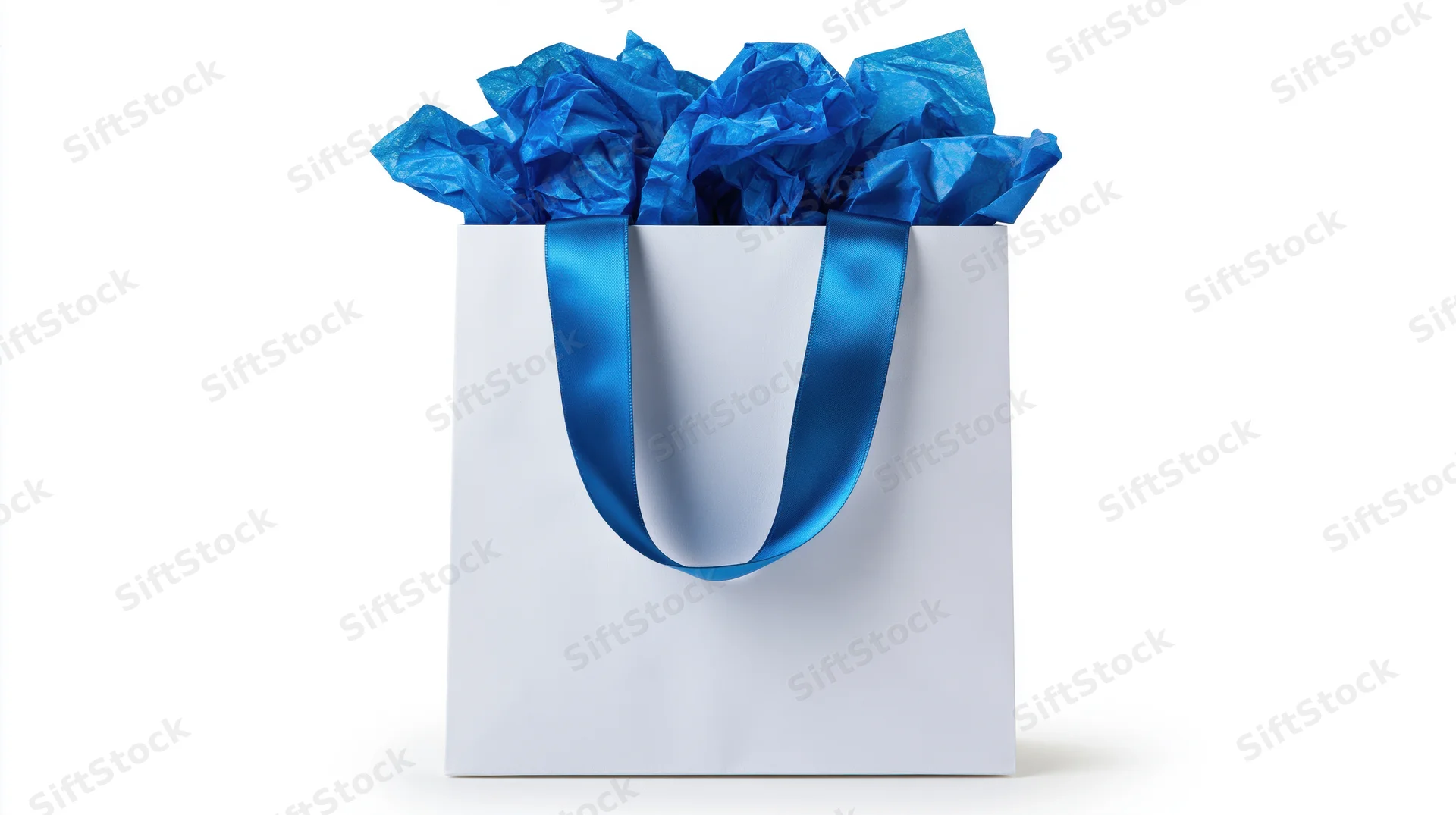 White gift bag with blue satin ribbon handles filled with crumpled blue tissue paper on white background