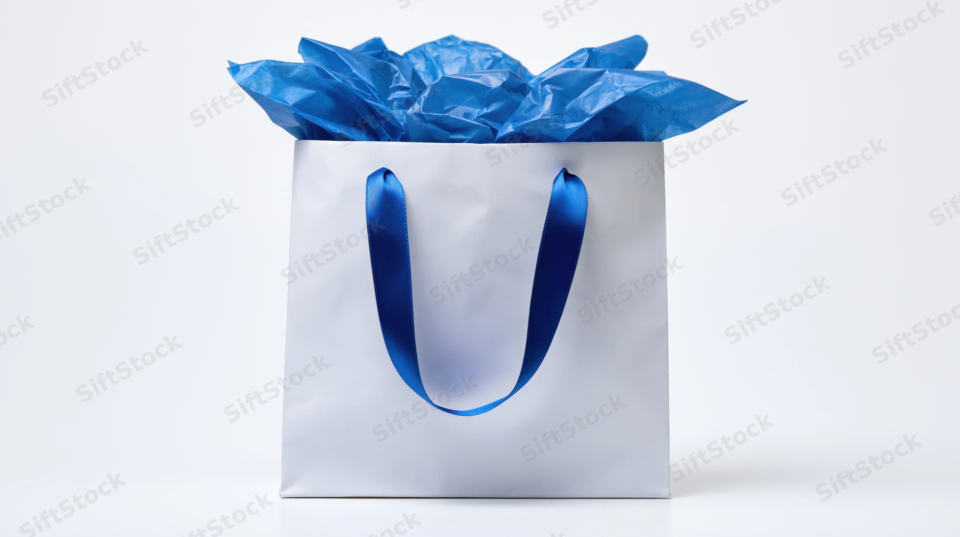White gift bag with blue satin ribbon handles filled with crumpled blue tissue paper on white background