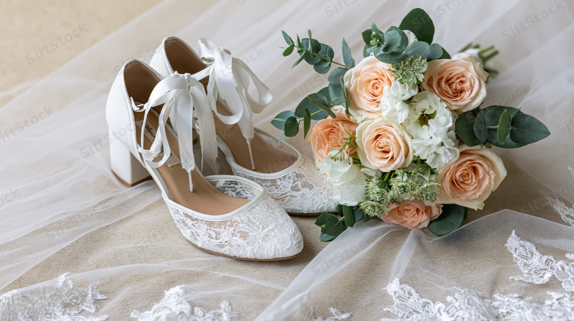 White lace bridal heels beside a peach and white rose bouquet on a tulle veil
