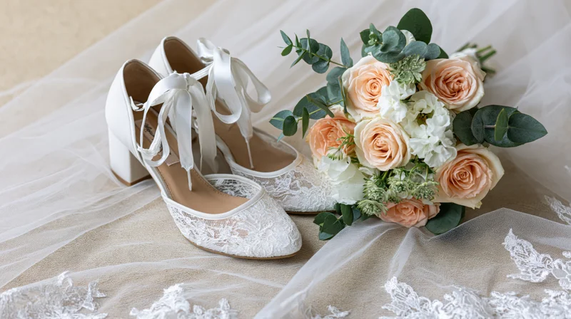 White lace bridal heels beside a peach and white rose bouquet on a tulle veil
