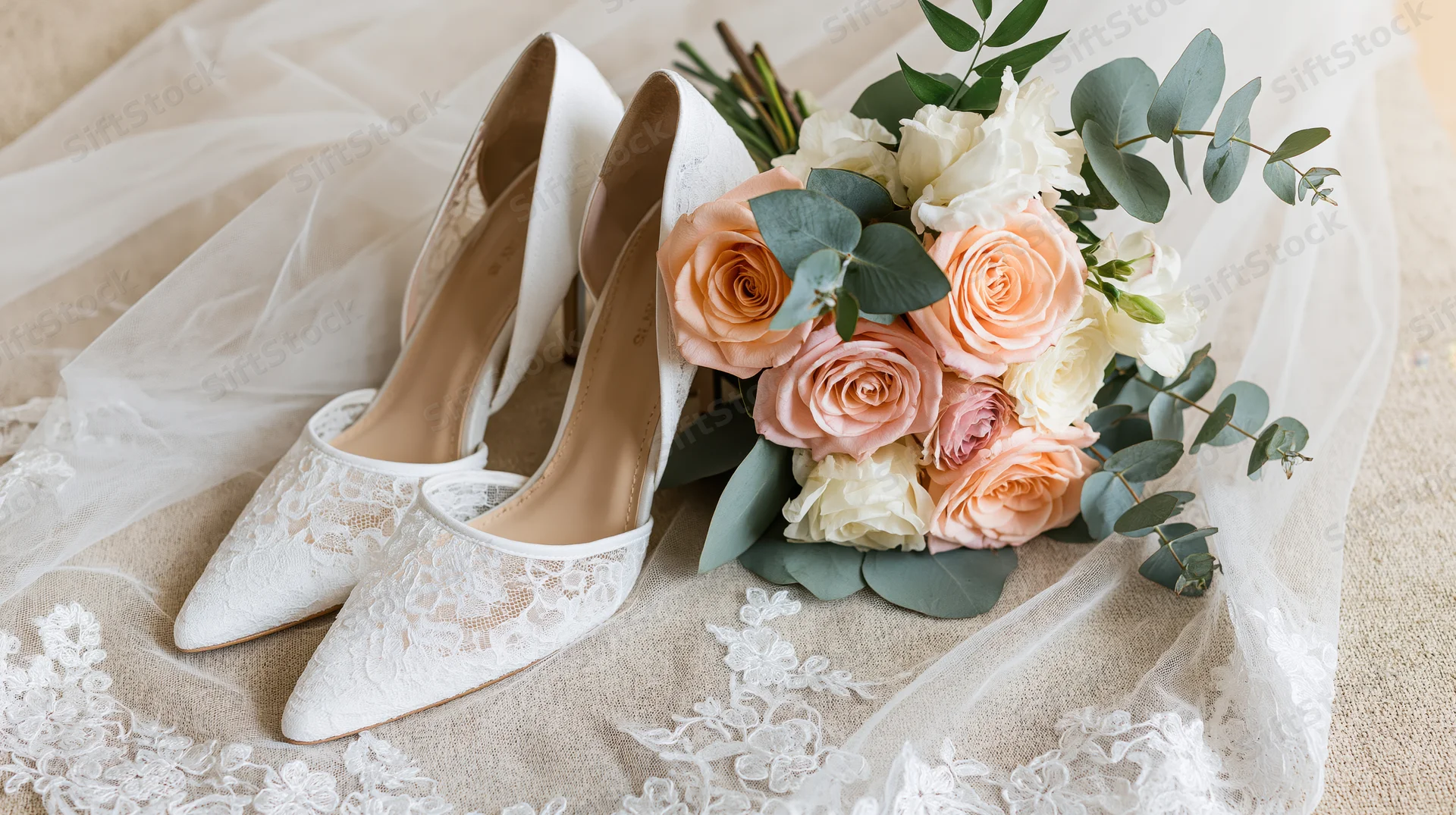 White lace bridal heels beside a bouquet of blush roses and eucalyptus on a veil