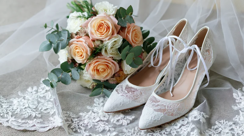 White lace bridal heels beside a bouquet of blush and white roses on a veil with greenery