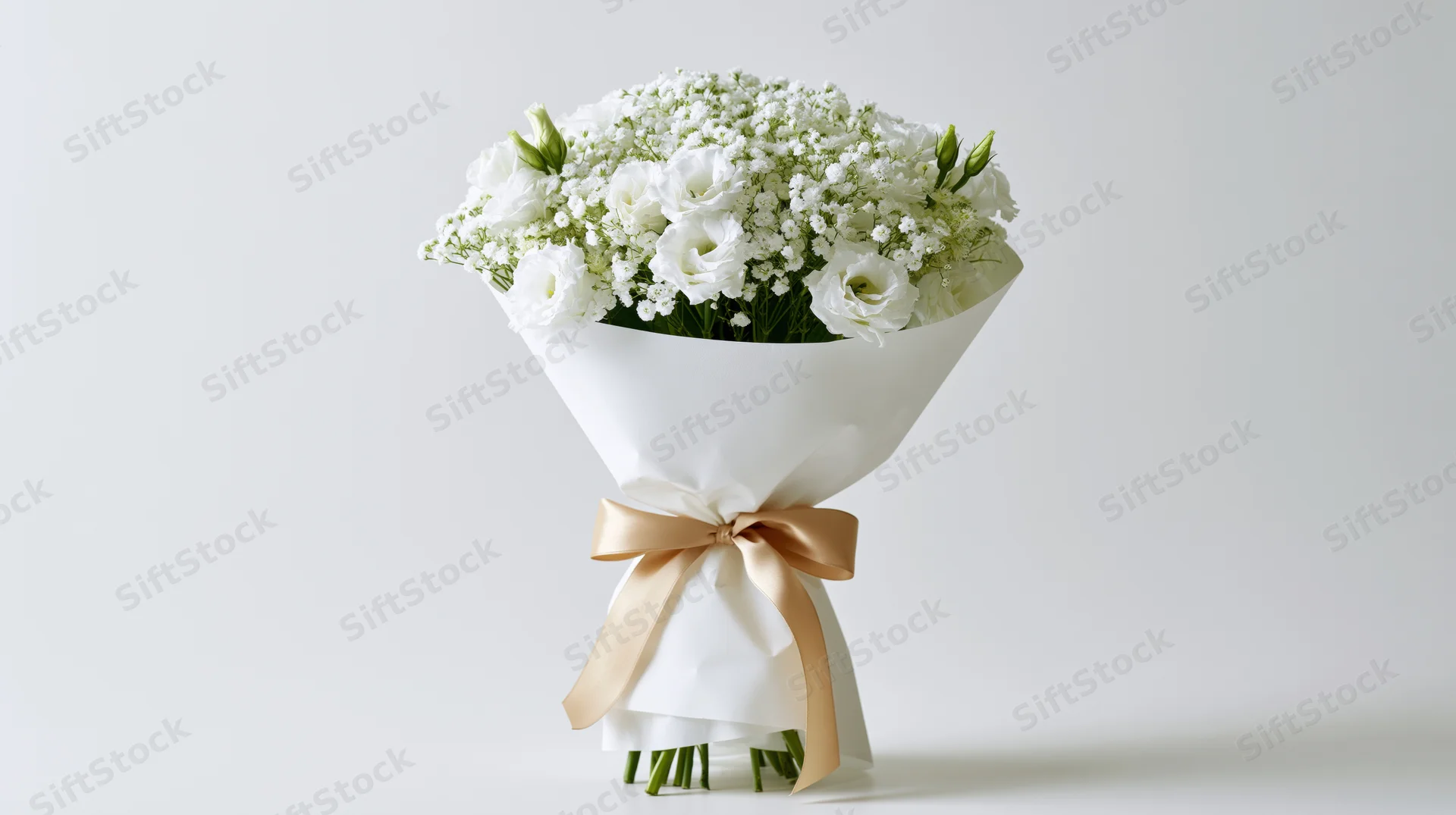 White lisianthus and baby's breath bouquet wrapped in crisp white paper with gold ribbon bow on plain white background