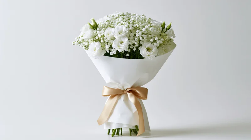 White lisianthus and baby's breath bouquet wrapped in crisp white paper with gold ribbon bow on plain white background