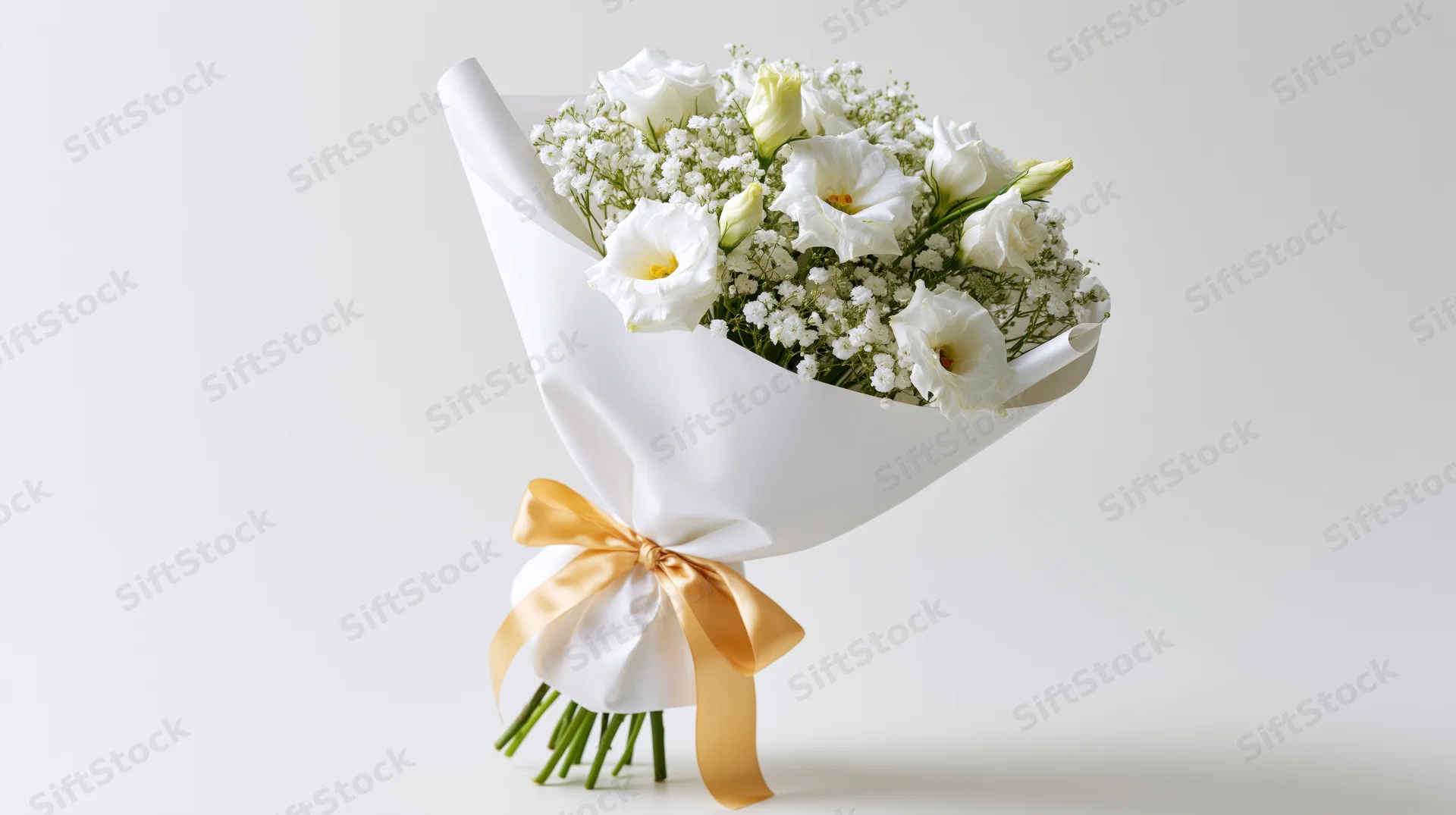 White lisianthus and baby's breath bouquet wrapped in crisp white paper with gold ribbon on white background