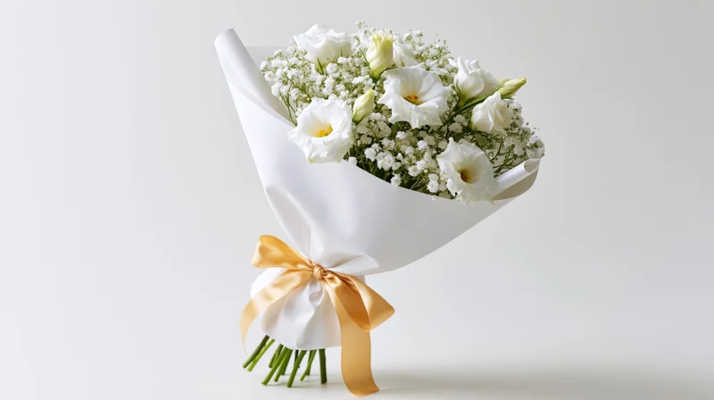 White lisianthus and baby's breath bouquet wrapped in crisp white paper with gold ribbon on white background
