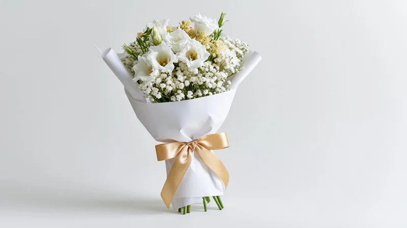 White lisianthus and babys breath bouquet wrapped in crisp white paper with gold ribbon on plain background