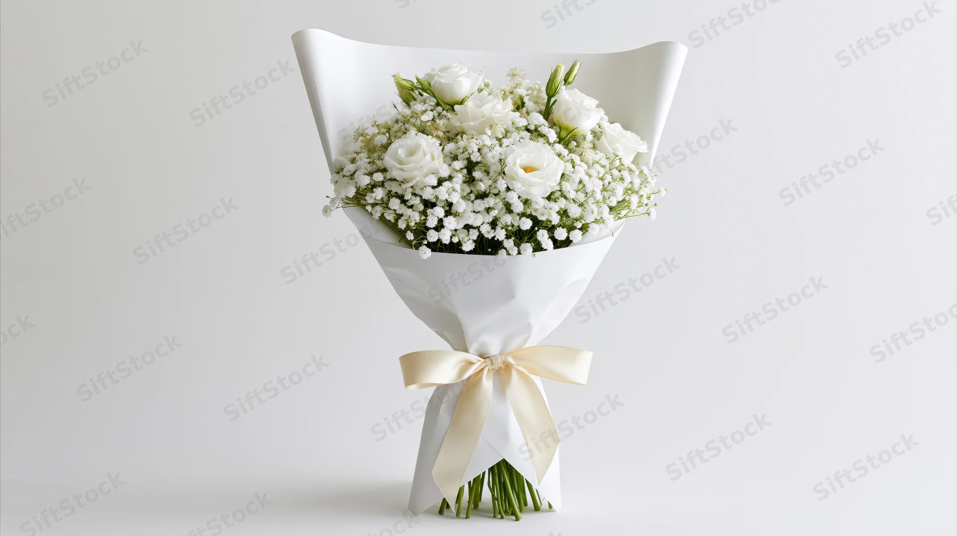 White lisianthus and baby's breath bouquet wrapped in crisp white paper with cream ribbon on plain background