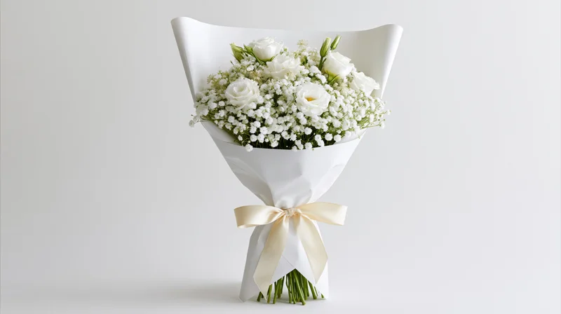 White lisianthus and baby's breath bouquet wrapped in crisp white paper with cream ribbon on plain background