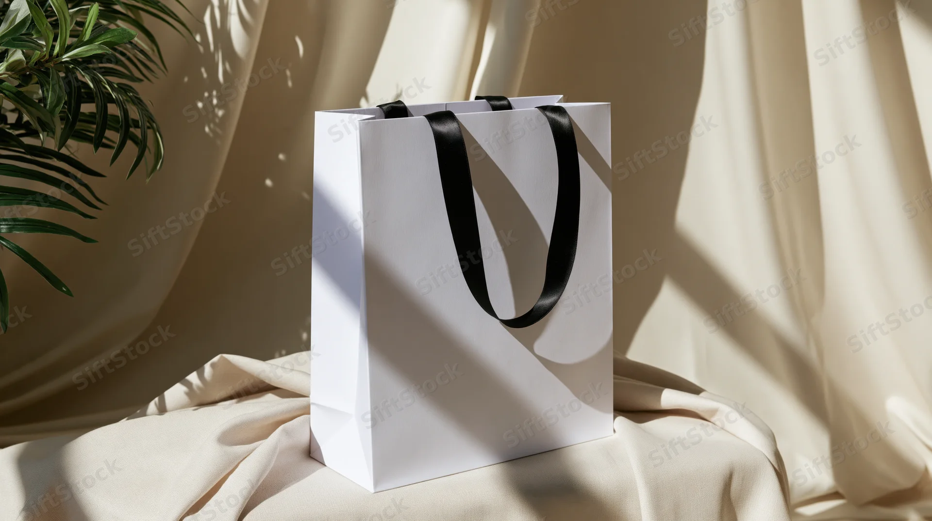White paper shopping bag with black ribbon handles on draped fabric near a plant