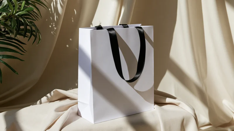 White paper shopping bag with black ribbon handles on draped fabric near a plant