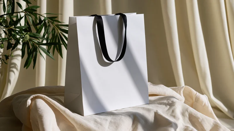 White paper shopping bag with black ribbon handles on a draped fabric surface near a plant and curtain