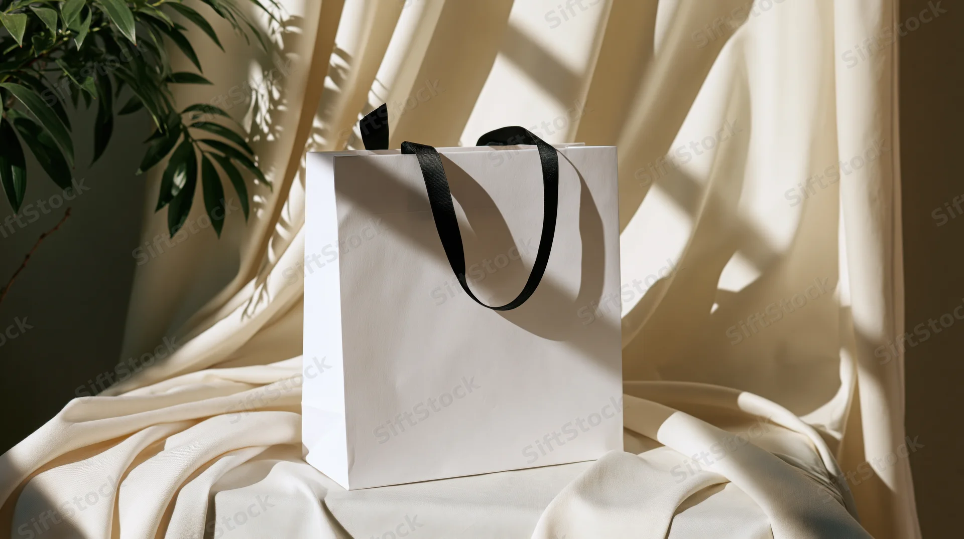 White paper shopping bag with black ribbon handles on draped fabric near a plant