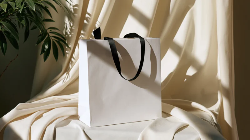 White paper shopping bag with black ribbon handles on draped fabric near a plant