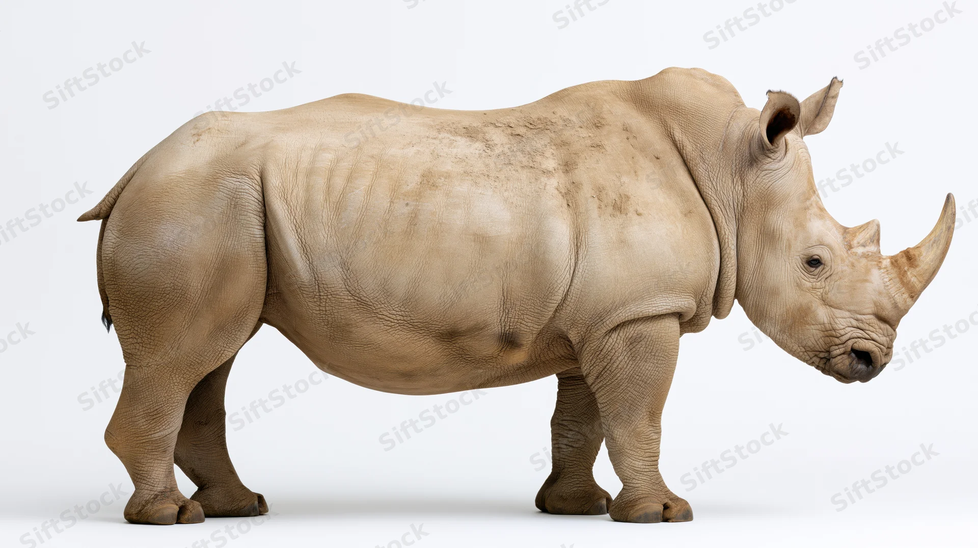 White rhinoceros standing in full profile with head slightly lowered against white background