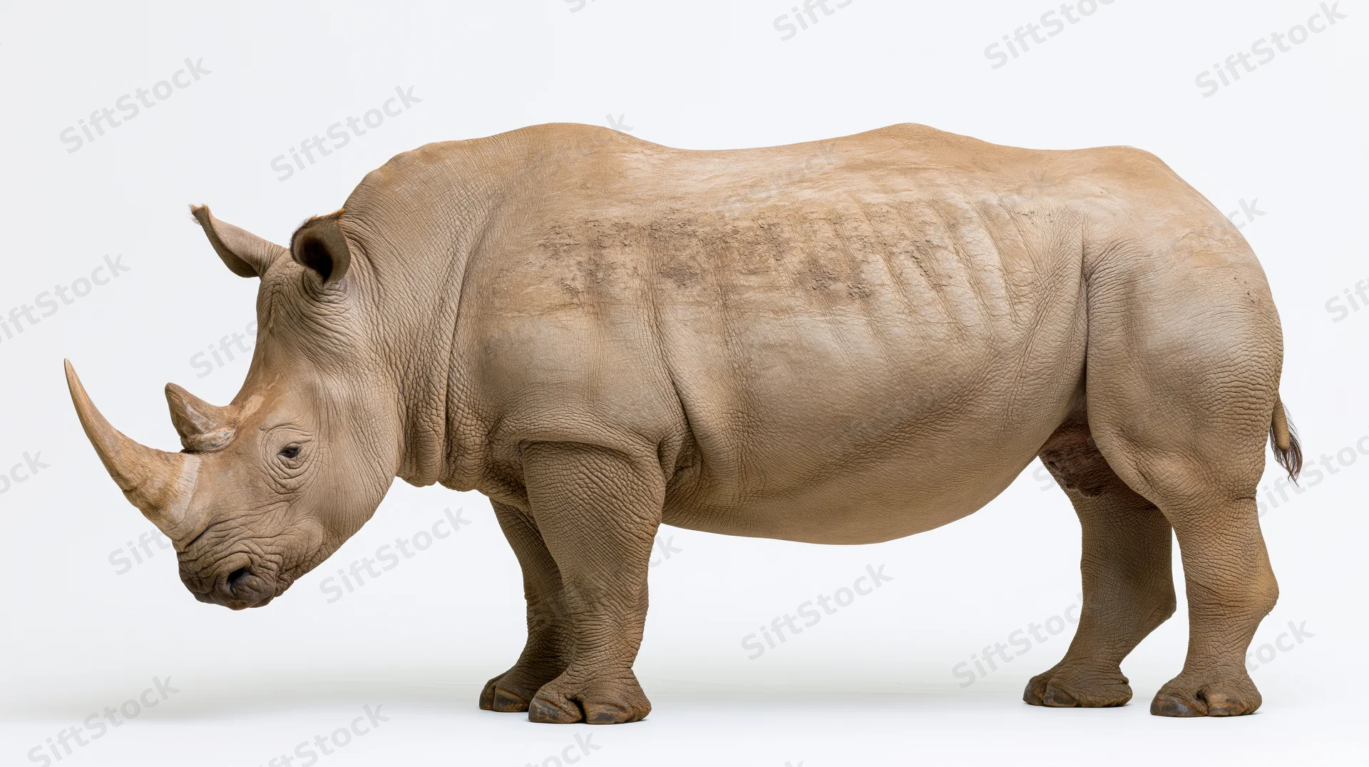 White rhinoceros standing in full side profile with head slightly lowered on white background